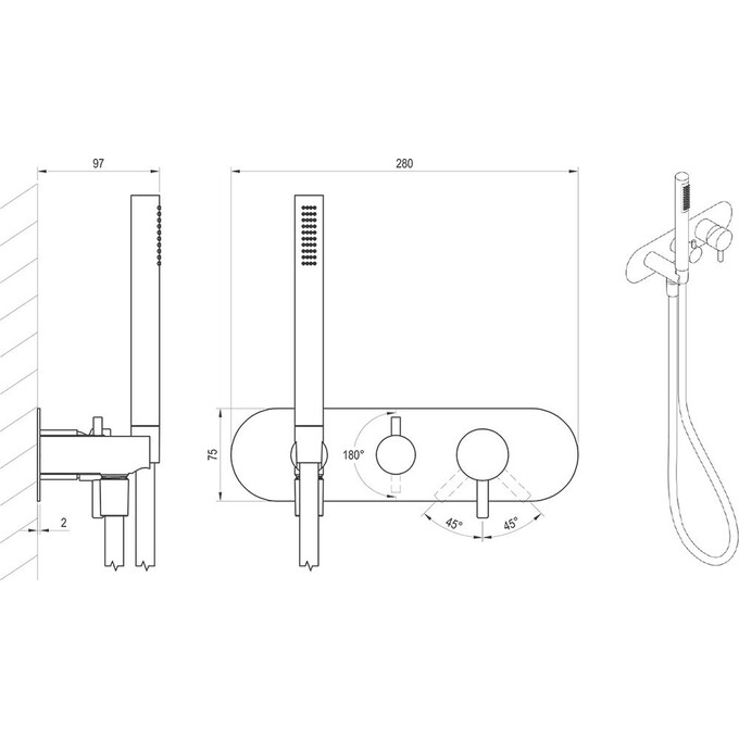Внешняя часть смесителя скрытого монтажа для ванны Ravak Espirit ES 065.20BLM.O2.RB07D+S. (X070287, черная матовая, с лейкой и шлангом), Цвет производителя: черный матовый, фото 6