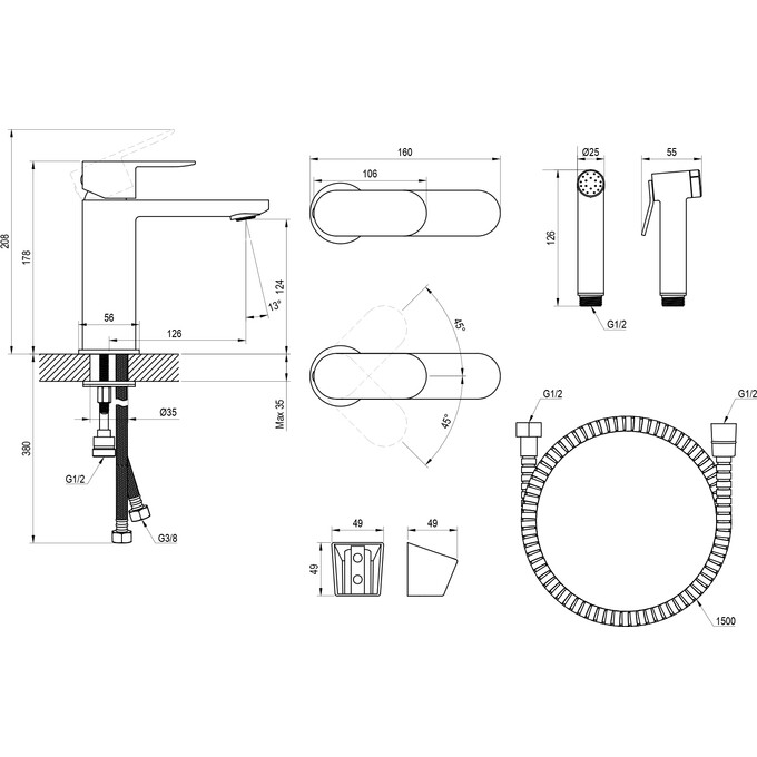 Смеситель для умывальника Ravak Chrome II CR II 112.20BL (X070462, черный, с гигиеническим душем), Цвет производителя: черный, фото 3