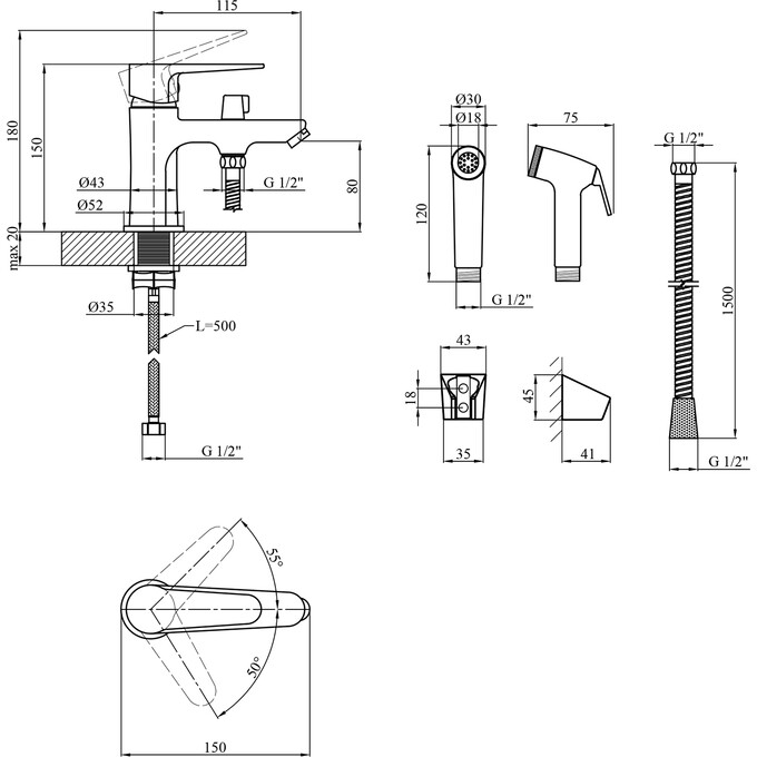 Смеситель для умывальника Kroner KRM Elbe C015 (с гигиеническим душем), фото 9