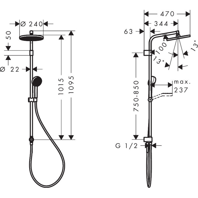 Душова система Hansgrohe Activera S Showerpipe 240 EcoSmart Matt Black 28074670 (чорна матова, без змішувача), Колір виробника: чорний матовий, фото , изображение 3
