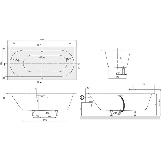 Квариловая ванна Villeroy & Boch Oberon UBQ199OBE2V-01 (190x90 см, с ножками), Доступные размеры: 190 x 90, фото 3