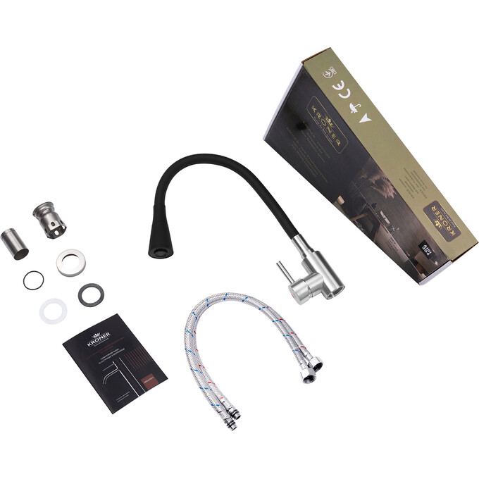 Смеситель для кухни Kroner KRP Edelstahl Klassisch-ESG031BLK (нержавейка/черный, c гибким изливом), Цвет производителя: нержавейка, черный, фото 8