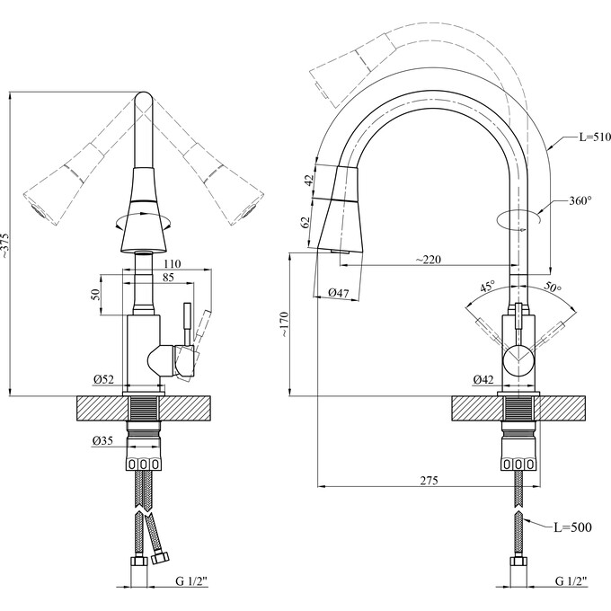 Смеситель для кухни Kroner KRP Edelstahl Klassisch-ESG031GRA (нержавейка/серый, c гибким изливом), Цвет производителя: нержавейка, серый, фото 9