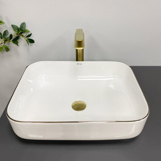 Раковина VBI Palermo White Rose Gold Edge VBI-012307 (50x39 см, білий глянець/рожеве золото, чаша), Доступні розміри: 50 x 39, Колір виробника: білий глянець, бортик розове золото, фото 