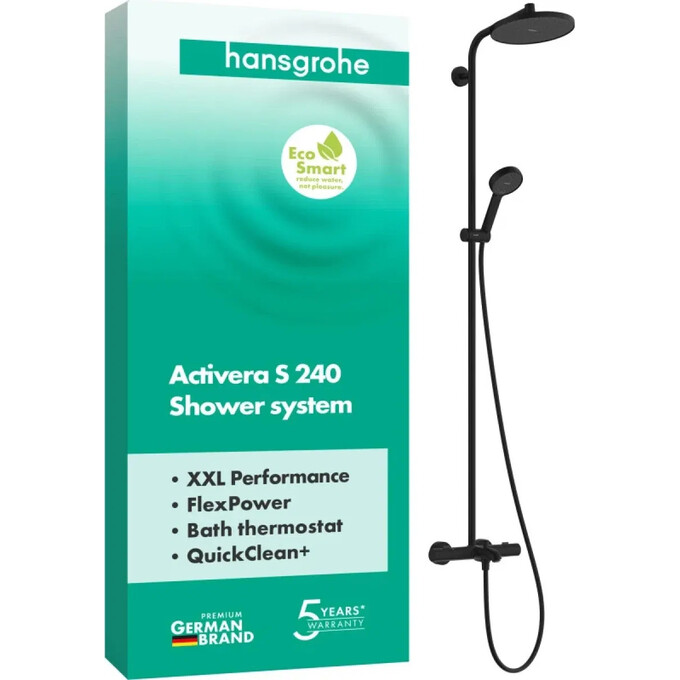 Душевая система с термостатом Hansgrohe Activera S Showerpipe 240 EcoSmart Matt Black 28871670 (черная матовая, с изливом), Цвет производителя: черный матовый, фото 2