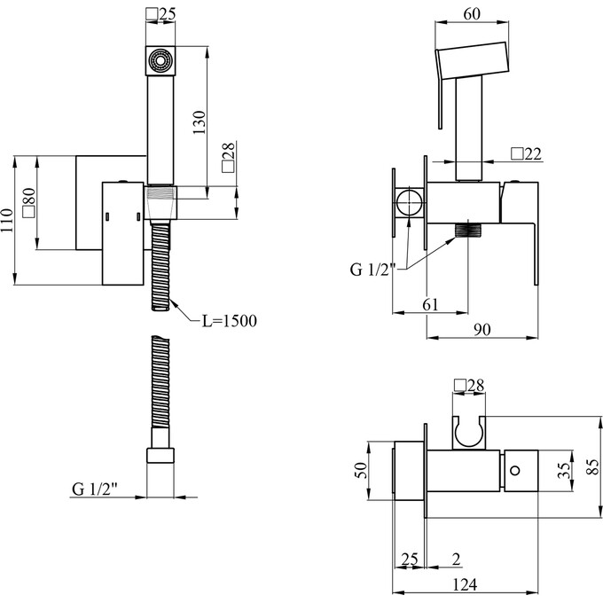 Комплект смесителей для ванной комнаты Kroner Edelstahl Kubus KRKSCH082SCH0103SCH053 (Kubus-SCH082+Kubus-SCH010-3+Kubus-SCH053, черный), фото 27