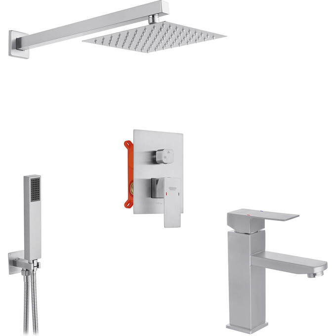 Комплект смесителей для ванной комнаты Kroner Edelstahl Kubus KRKESG082ESG010 (Kubus-ESG082+Kubus-ESG010, нержавейка), фото 