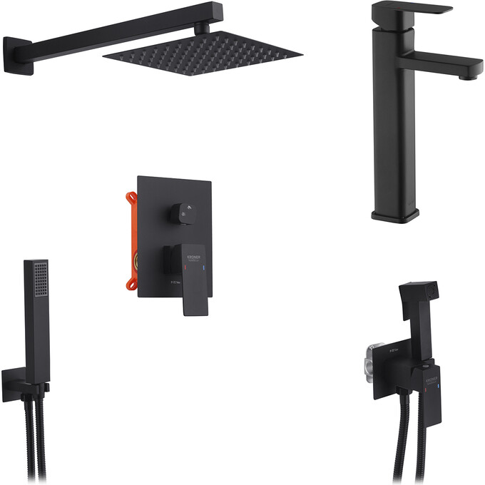 Комплект смесителей для ванной комнаты Kroner Edelstahl Kubus KRKSCH082SCH0103SCH053 (Kubus-SCH082+Kubus-SCH010-3+Kubus-SCH053, черный), фото 