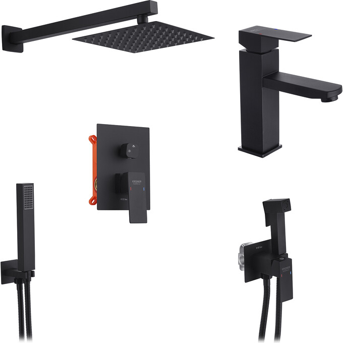 Комплект смесителей для ванной комнаты Kroner Edelstahl Kubus KRKSCH082SCH010SCH053 (Kubus-SCH082+Kubus-SCH010+Kubus-SCH053, черный), фото 