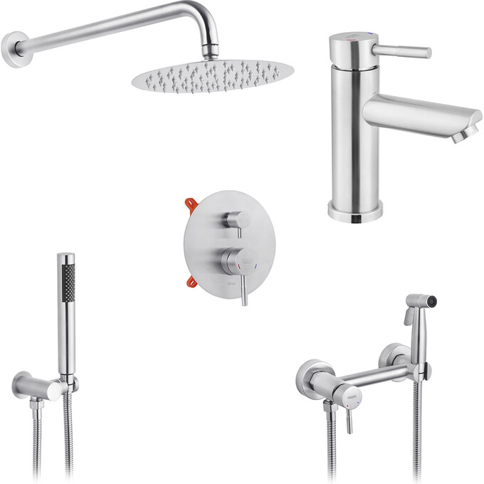 Комплект смесителей для ванной комнаты Kroner Edelstahl Klassisch KRKESG082ESG010ESG052 (Klassisch-ESG082+Klassisch-ESG010+Klassisch -ESG052, нержавейка), фото 