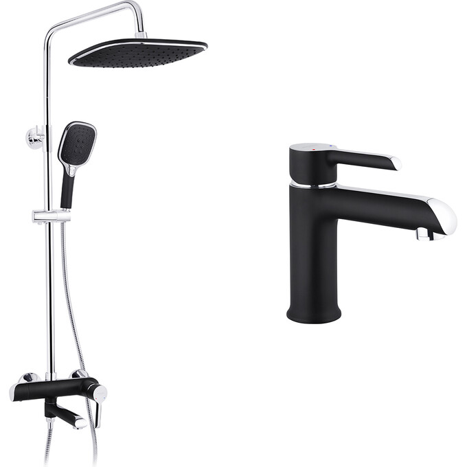 Комплект змішувачів для ванної кімнати Kroner Essen & Essen KRESCH063SCH010 (Essen-SCH063+Essen-SCH010, чорний матовий/хром), фото 