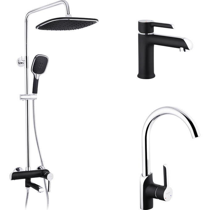 Комплект змішувачів для ванної кімнати та кухні Kroner Essen & Essen & Essen KRESCH063SCH010SCH030 (Essen-SCH063+Essen-SCH030+Essen-SCH010, чорний матовий/хром), фото 