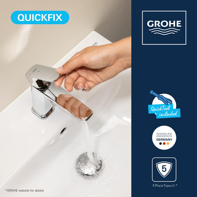 Змішувач для умивальника Grohe QuickFix Dice ColdStart M-Size Chrome 1018360000 (хром, з донним клапаном), Колір виробника: хром, фото , изображение 9