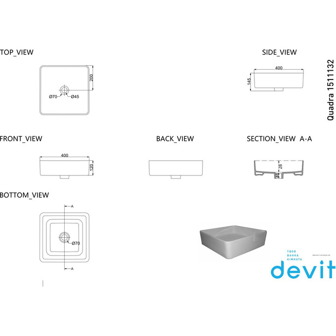 Умывальник Devit Quadra Black Matt 1511132B (40x40 см, черный матовый), Доступные размеры: 40 x 40, Цвет производителя: черный матовый, фото 4