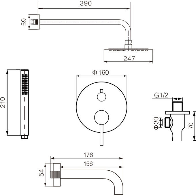 Душова система VBI Milano Chrome VBI-050110CH (хром, прихованого монтажу, з виливом), Колір виробника: хром, фото , изображение 2