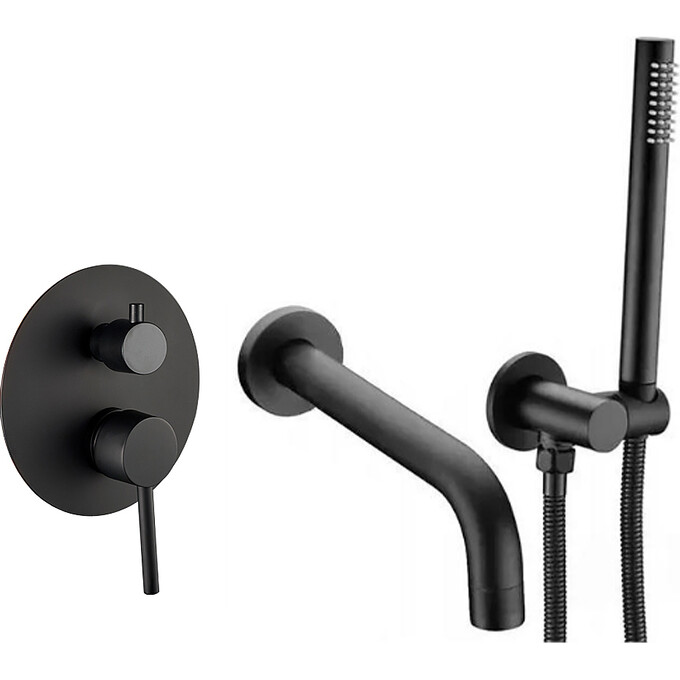 Змішувач прихованого монтажу для ванни VBI Milano Black VBI-050107BL (чорний, з лійкою та шлангом, внутрішня частина в комплекті), Колір виробника: чорний, фото 