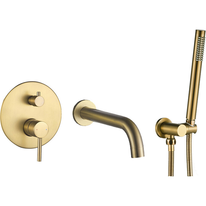 Смеситель скрытого монтажа для ванны VBI Milano Brushed Gold VBI-050107BG (брашированное золото, с лейкой и шлангом, внутренняя часть в комплекте), Цвет производителя: брашированное золото (матовое), фото 