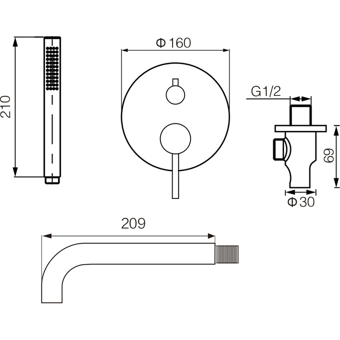 Смеситель скрытого монтажа для ванны VBI Milano Brushed Gold VBI-050107BG (брашированное золото, с лейкой и шлангом, внутренняя часть в комплекте), Цвет производителя: брашированное золото (матовое), фото 2