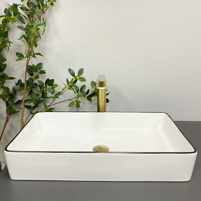 Умивальник VBI Triest Black Black Edge VBI-012710 (61x35 см, білий глянсовий з чорним бортиком), Доступні розміри: 60 x 34, Колір виробника: білий глянець, чорний бортик, фото , изображение 2