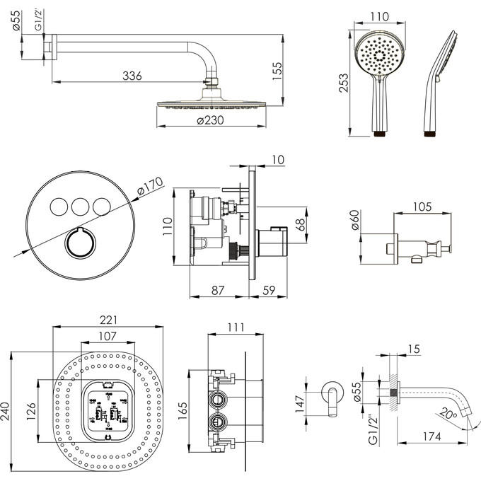 Душевая система с термостатом Imprese Kucera Click t04803410SBC (черная матовая, скрытого монтажа, с изливом), Цвет производителя: черный матовый, фото 6