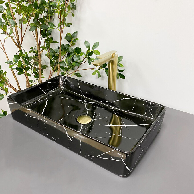 Умивальник VBI Triest Black Marmo Glossy VBI-012707 (61x35 см, чорний мармур глянсовий), Доступні розміри: 60 x 34, Колір виробника: чорний мармур глянсовий, фото 