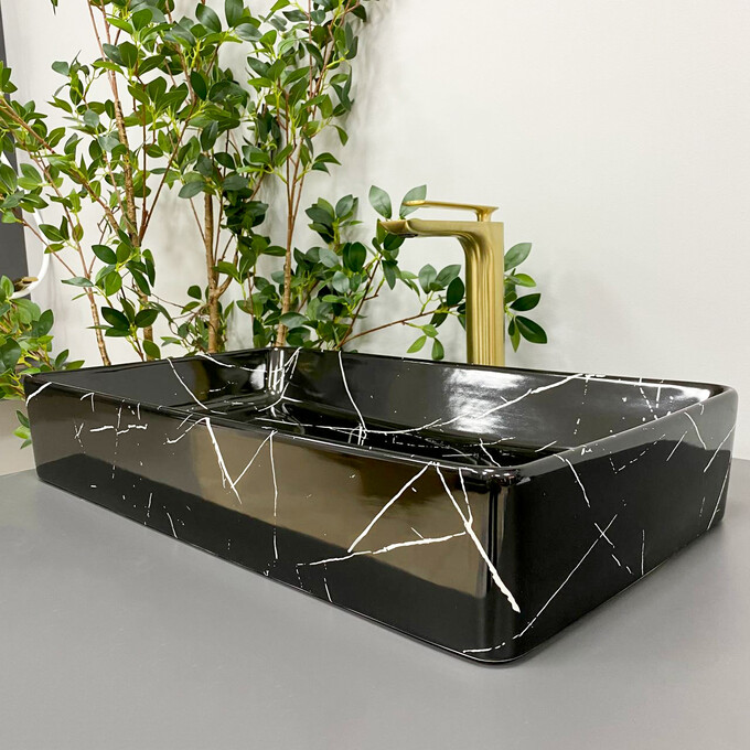 Умивальник VBI Triest Black Marmo Glossy VBI-012707 (61x35 см, чорний мармур глянсовий), Доступні розміри: 60 x 34, Колір виробника: чорний мармур глянсовий, фото , изображение 2