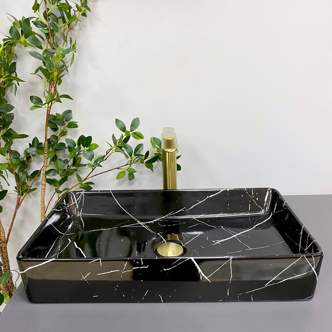 Умивальник VBI Triest Black Marmo Glossy VBI-012707 (61x35 см, чорний мармур глянсовий), Доступні розміри: 60 x 34, Колір виробника: чорний мармур глянсовий, фото , изображение 3