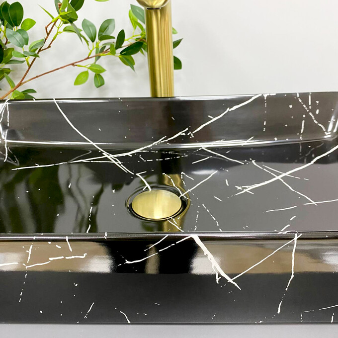 Умивальник VBI Triest Black Marmo Glossy VBI-012707 (61x35 см, чорний мармур глянсовий), Доступні розміри: 60 x 34, Колір виробника: чорний мармур глянсовий, фото , изображение 4