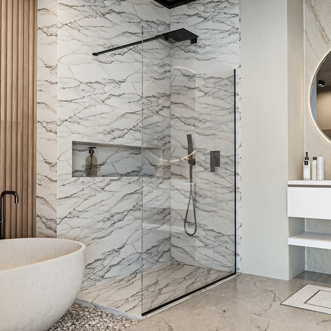 Душова стінка Walk-In Devit Style New DSN100200B (100x200 см, прозоре скло, профіль чорний матовий), Доступні розміри: 100 x 200, Колір виробника: чорний матовий, фото , изображение 2