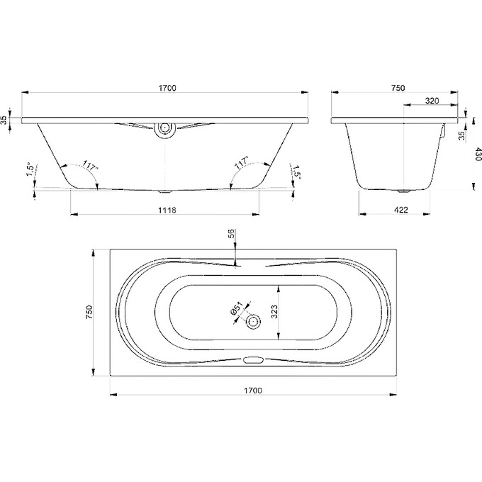Акриловая ванна Devit Katarina 17075131N (170x75 см, с ножками), Доступные размеры: 170 x 75, фото 2