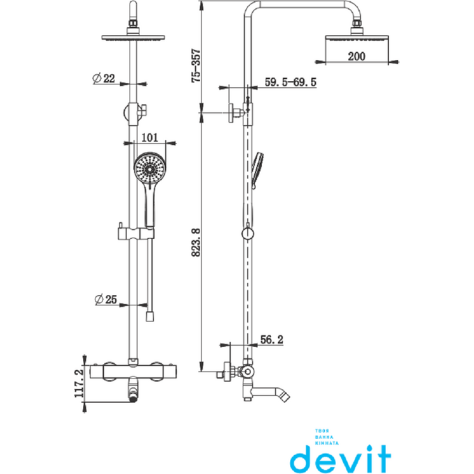 Душевая система с термостатом Devit Frida Chrome 50502203 (хром, с изливом), Цвет производителя: хром, фото 2