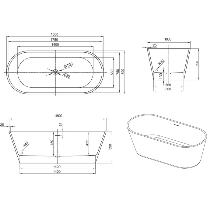 Акриловая ванна Devit Style 18002102 (180x80 см, отдельностоящая, с ножками и сифоном), фото 2