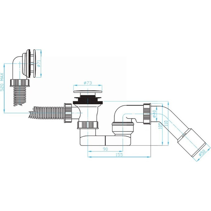 Сифон для ванны Devit DVKO147 (с переливом, нажимной), фото 2