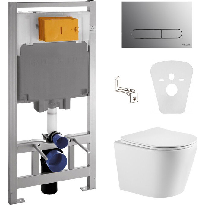 Комплект унитаз с инсталляцией 4 в 1 : подвесной унитаз с сиденьем Imprese Dobry Twist c06802203 + инсталляция Volle Master 141515 + клавиша хром + c звукоизоляционной прокладкой + с креплением к стене, Цвет производителя: хром, фото 