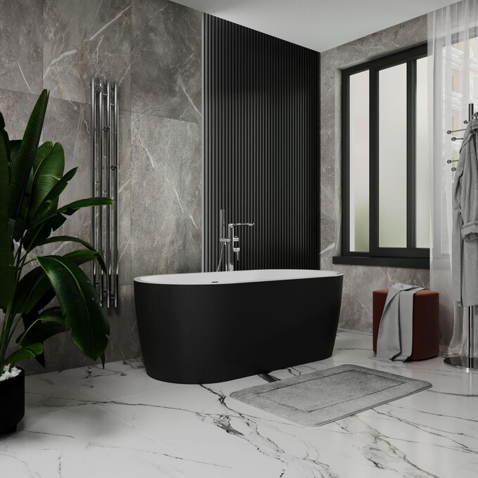 Акриловая ванна Koller Pool PureLine White/Matt Black 0266251501 (160x80 см, белая/черная матовая, отдельностоящая, с ножками и сифоном), Цвет производителя: белый, черный, фото 2