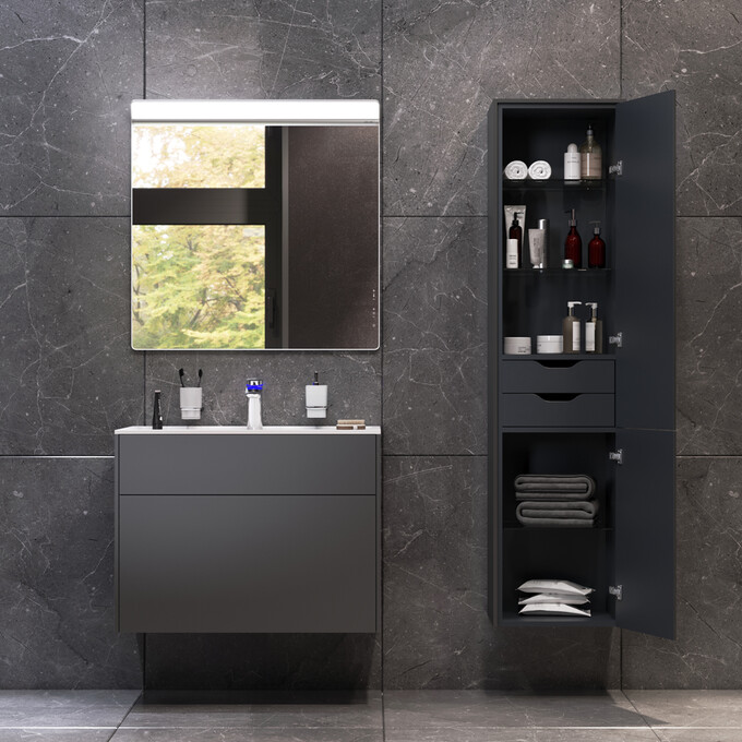 Комплект мебели Am.Pm Inspire V2.0 M50AFHX0803GM+M50AWPC0801WG+M50ACHX0406GM (80 см, графит, тумба + раковина + пенал), Доступные размеры: 80, фото 2