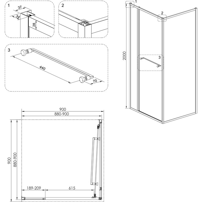 Душевая кабина Volle Cruze Black Matt 1047.124704 (90x90 см, стекло прозрачное, профиль черный матовый), Доступные размеры: 90 x 90, Цвет производителя: черный матовый, фото 3