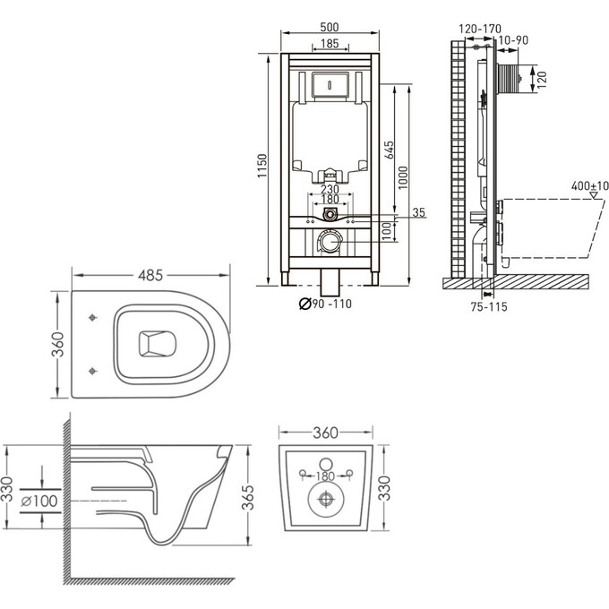 Комплект унитаз с инсталляцией 4 в 1 : подвесной унитаз с сиденьем Imprese Dobry Twist c06802203 + инсталляция Volle Master 141919 + клавиша белая + c звукоизоляционной прокладкой + с креплением к стене, Цвет производителя: белый, фото 4