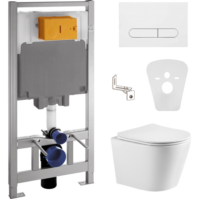 Комплект унитаз с инсталляцией 4 в 1 : подвесной унитаз с сиденьем Imprese Dobry Twist c06802203 + инсталляция Volle Master 141919 + клавиша белая + c звукоизоляционной прокладкой + с креплением к стене, Цвет производителя: белый, фото 