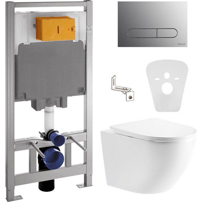 Комплект унитаз с инсталляцией 4 в 1 : подвесной унитаз с сиденьем Imprese Rozkos Twist c06310103 + инсталляция Volle Master 141515 + клавиша хром + c звукоизоляционной прокладкой + с креплением к стене, фото 