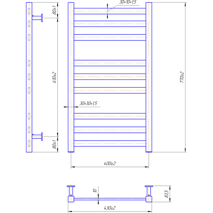 Водяной полотенцесушитель Mario Inox Чикаго 1.7.052040.P (430x770, белый глянец/белый матовый/бронза/графит/золото/черный матовый/хром), Доступные размеры: 430 x 770, фото 4