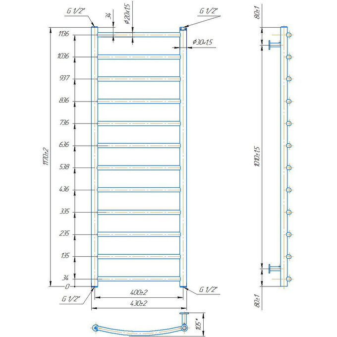 Водяной полотенцесушитель Mario INOX Классик 1.8.044559.P (430x1170, белый глянец/белый матовый/бронза/графит/золото/черный матовый/хром), Доступные размеры: 430 x 1170, фото 4