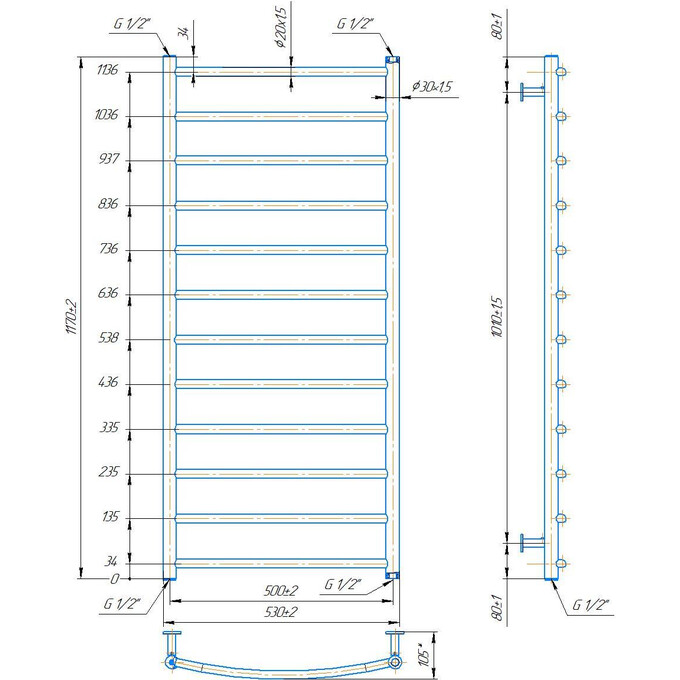Водяной полотенцесушитель Mario INOX Классик 1.8.044560.P (530x1170, белый глянец/белый матовый/бронза/графит/золото/черный матовый/хром), Доступные размеры: 530 x 1170, фото 4