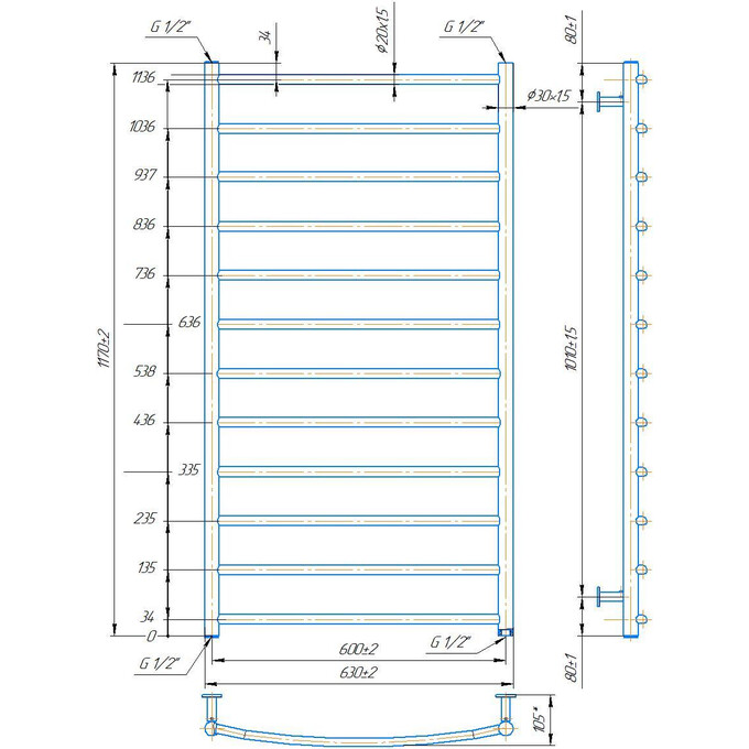 Водяной полотенцесушитель Mario INOX Классик 1.8.044561.P (630x1170, белый глянец/белый матовый/бронза/графит/золото/черный матовый/хром), Доступные размеры: 630 x 1170, фото 3
