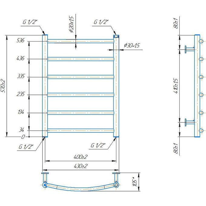 Водяной полотенцесушитель Mario INOX Классик 1.8.044554.P (430x570, белый глянец/белый матовый/бронза/графит/золото/черный матовый/хром), Доступные размеры: 430 x 570, фото 4