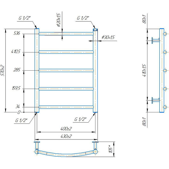 Водяной полотенцесушитель Mario Inox Классик HP 1.8.044569.P (430x570, белый глянец/белый матовый/бронза/графит/золото/черный матовый/хром), Доступные размеры: 430 x 570, фото 4