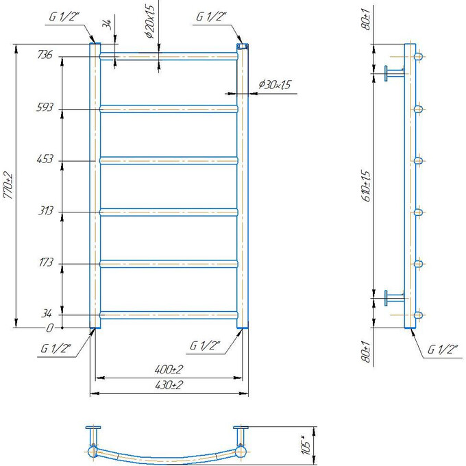 Водяной полотенцесушитель Mario Inox Классик HP 1.8.044570.P (430x770, белый глянец/белый матовый/бронза/графит/золото/черный матовый/хром), Доступные размеры: 430 x 770, фото 4