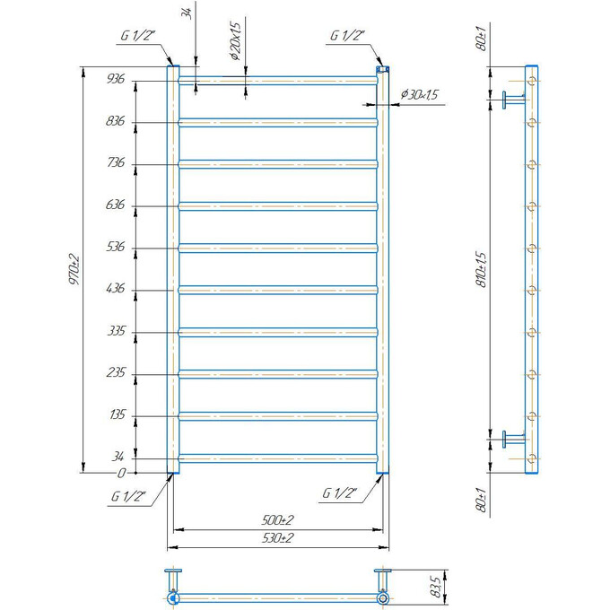 Водяной полотенцесушитель Mario INOX Флет 1.8.044566.P (530x970, белый глянец/белый матовый/бронза/графит/золото/черный матовый/хром), Доступные размеры: 530 x 970, фото 4