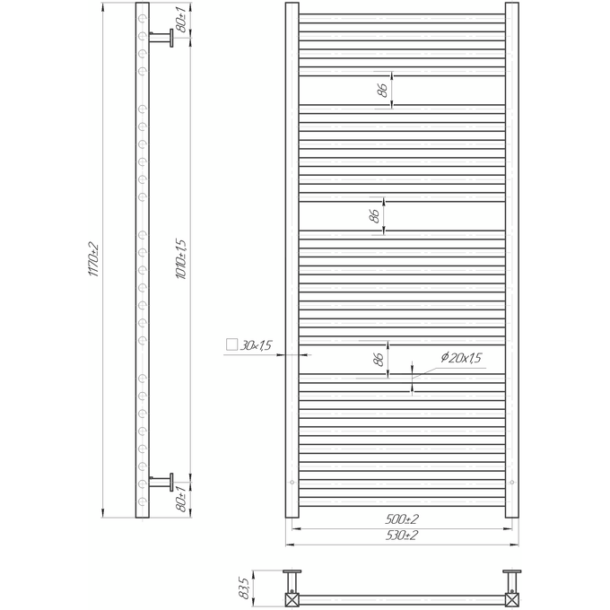 Водяной полотенцесушитель Mario Inox Гера 1.7.044547.P (530x1170, хром/сатин/белый глянец/белый мат/черный мат/графит/бронза/золото/золото сатин), Доступные размеры: 530 x 1170, фото 3