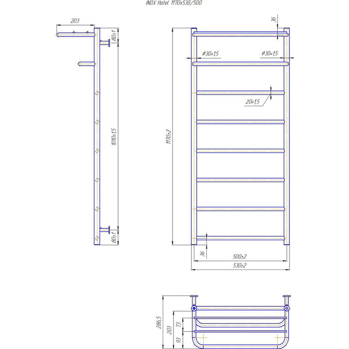 Водяной полотенцесушитель Mario Inox Готель 1.8.044543.P (530x1170, с полкой), Доступные размеры: 530 x 1170, фото 4